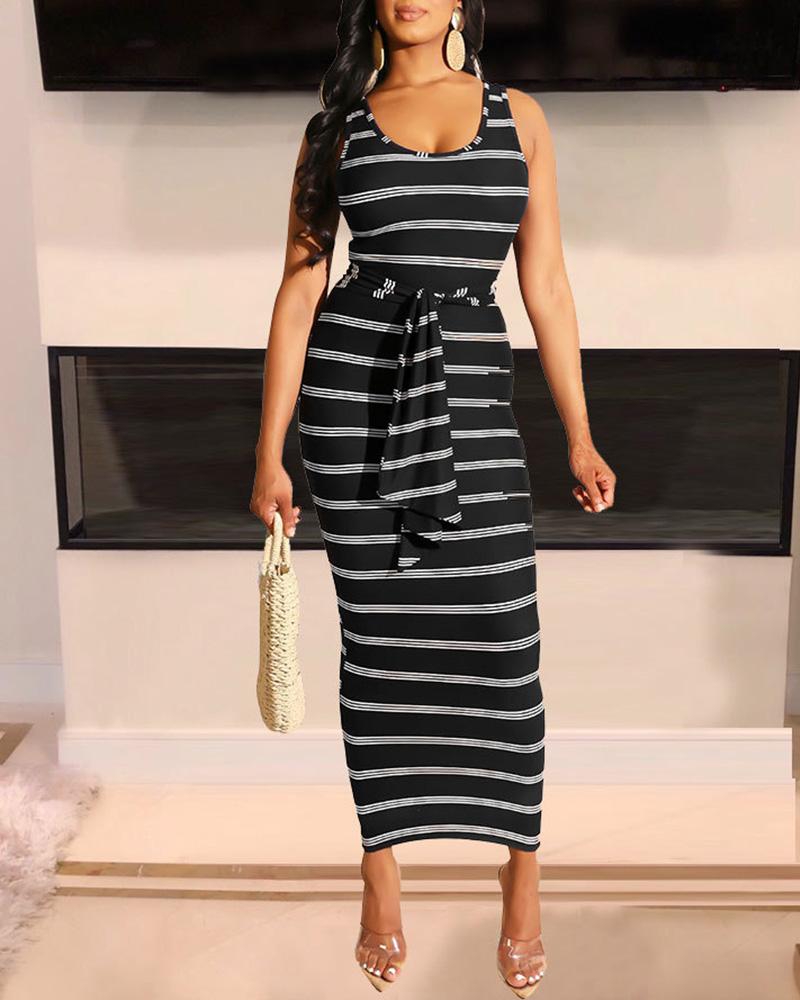 

Sleeveless Striped U-Neck Sheath Dress, Black