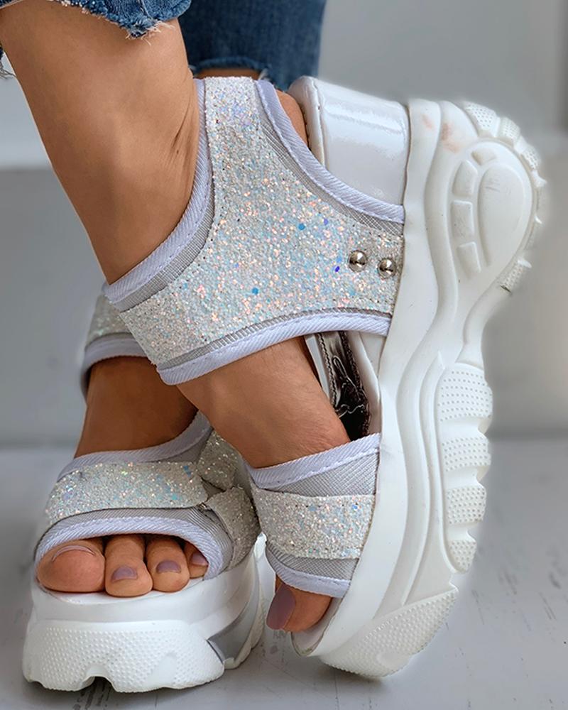 

Glitter Velcro Peep Toe Wedge Muffin Sandals, White