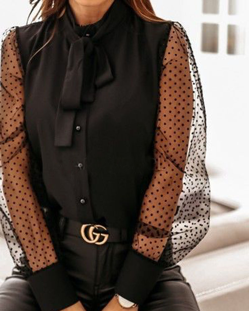 

Sheer Mesh Polkadot Print Tie Neck Blouse, Black