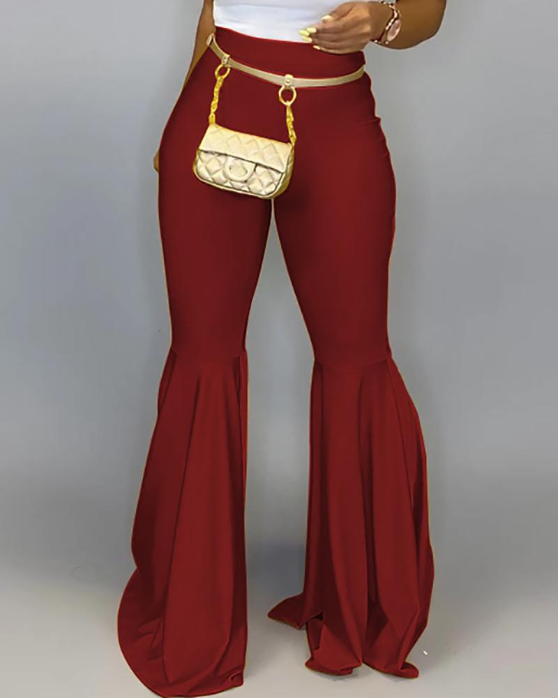 

Solid High Waist Bell-bottomed PU Pants, Red