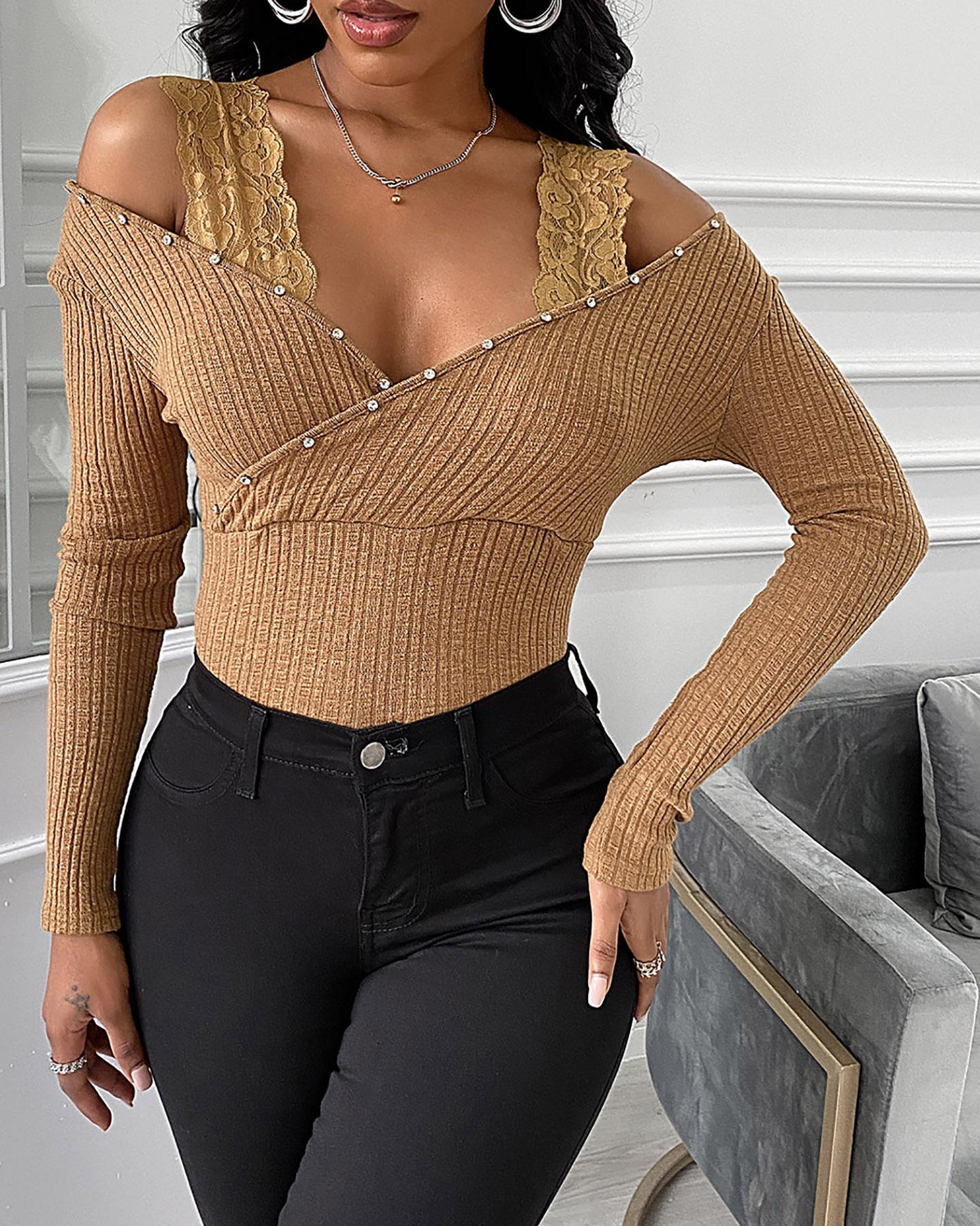 

Studded Cold Shoulder Long Sleeve Lace Top, Khaki