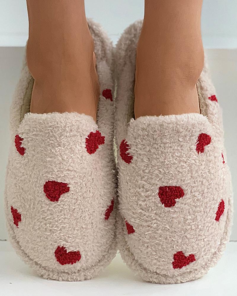 

Heart Pattern Fluffy Slippers, Khaki