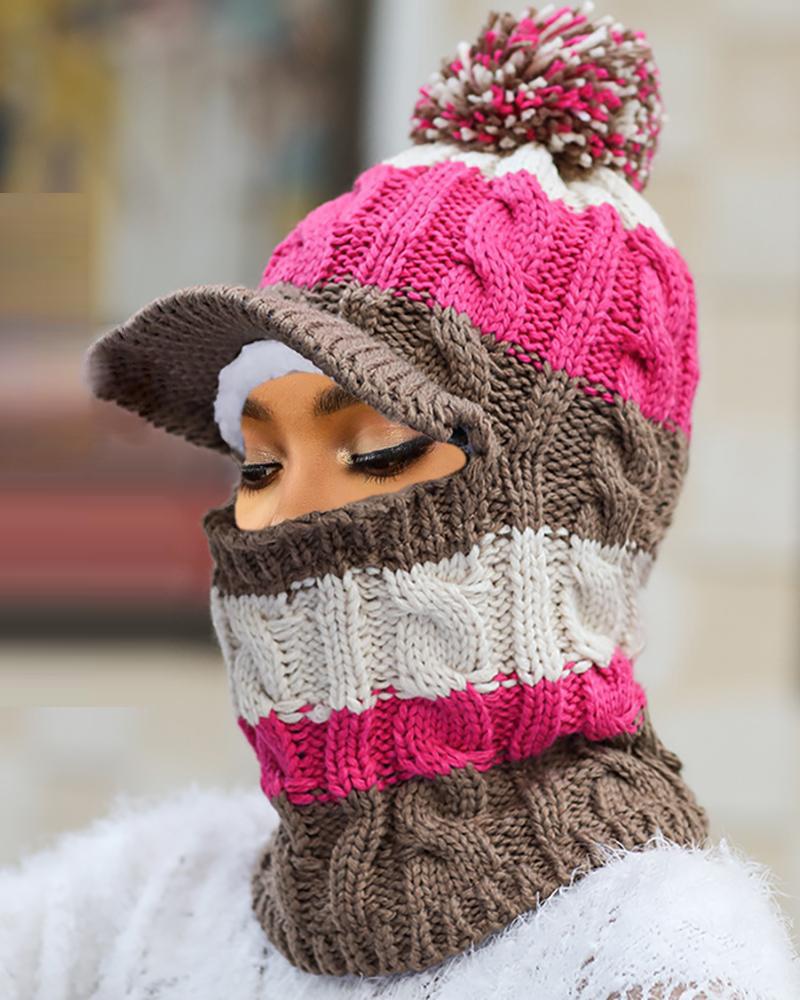

2 In 1 Pom Pom Colorblock Knit Beanie, Hot pink