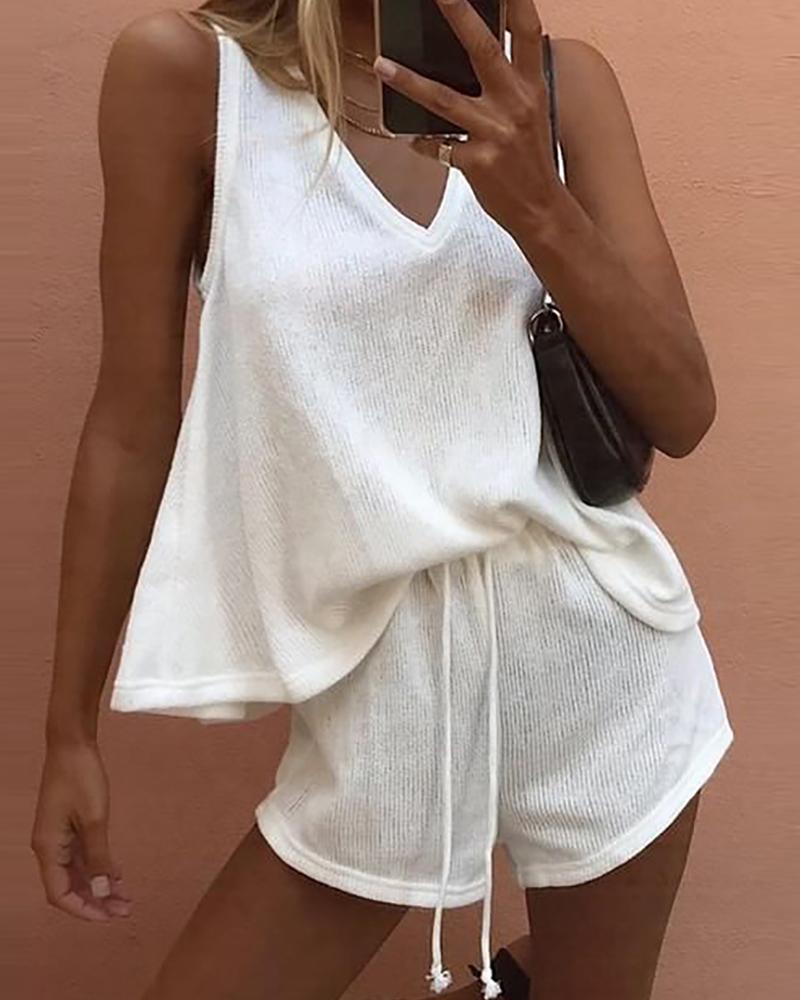 

Sleeveless Drawstring Waist Shorts Set, White