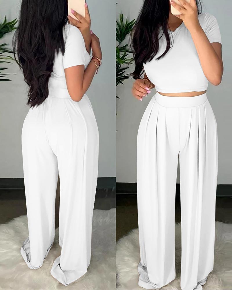 

Short Sleeve Casual Top & Ruched Palazzo Pants Set, White