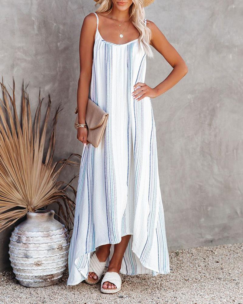 

Striped Print Spaghetti Strap Backless Maxi Dress, Blue