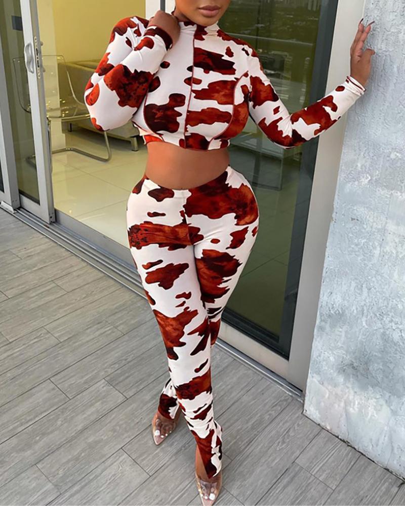 

All Over Print Long Sleeve Crop Top & Slit Skinny Pants Set, Brown