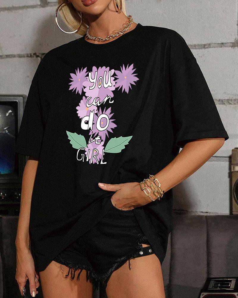 

Purple Flower Print Short Sleeve T-shirts, Black