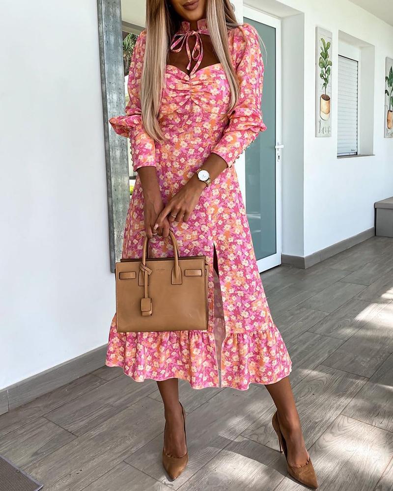 

Ditsy Floral Print Long Sleeve Midi Dress, Hot pink