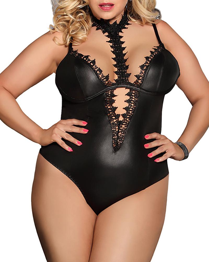 

Plus Size Plain Cutout Lace Halter Teddy, Black