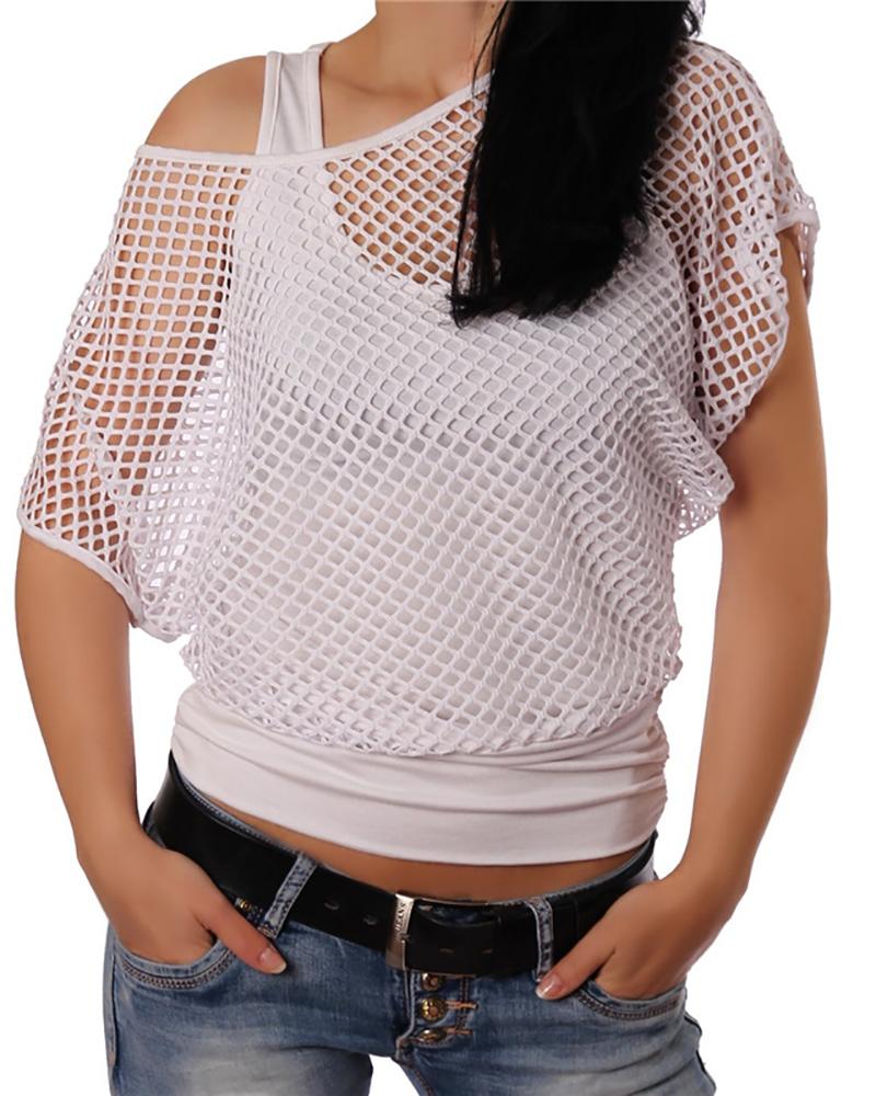 

Fishnet Batwing Sleeve Fake Two-piece T-shirt, White