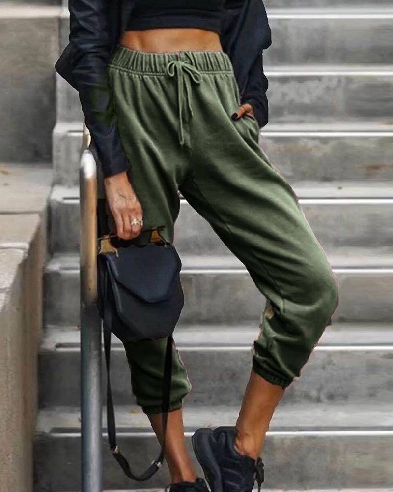 

Plain Drawstring Casual Sweatpants, Green