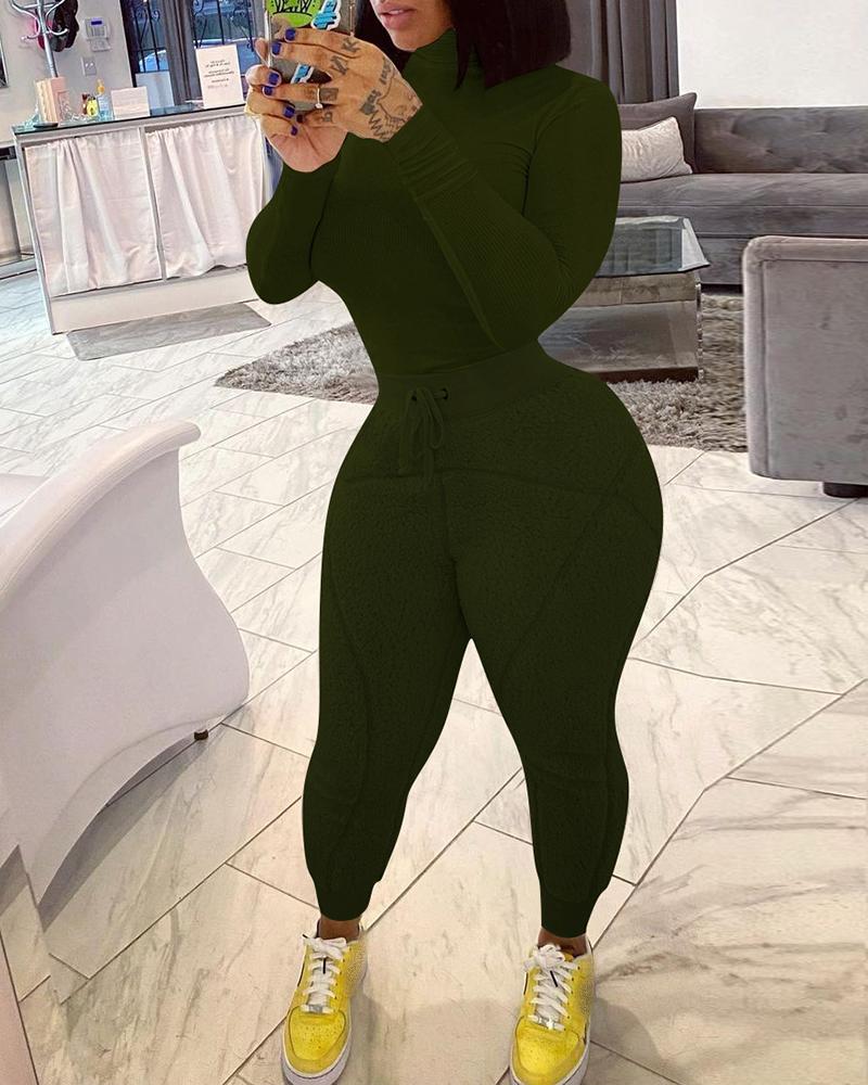 

High Neck Top & Drawstring Fluffy Pants Set, Green