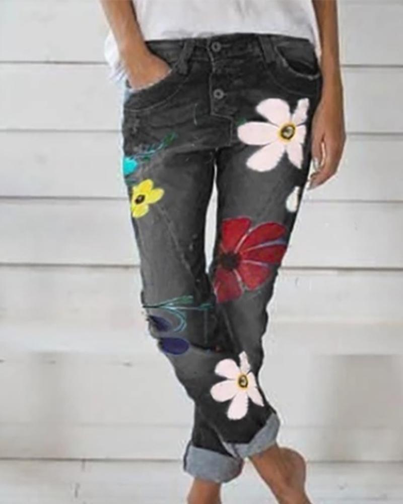 

Floral Pattern Buttoned Pockets Denim Pants, Black