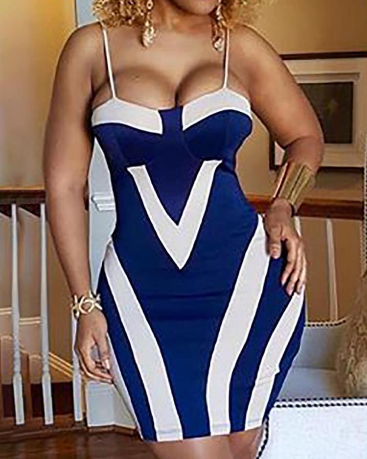

Contrast Color Striped Bodycon Slip Dress, Blue