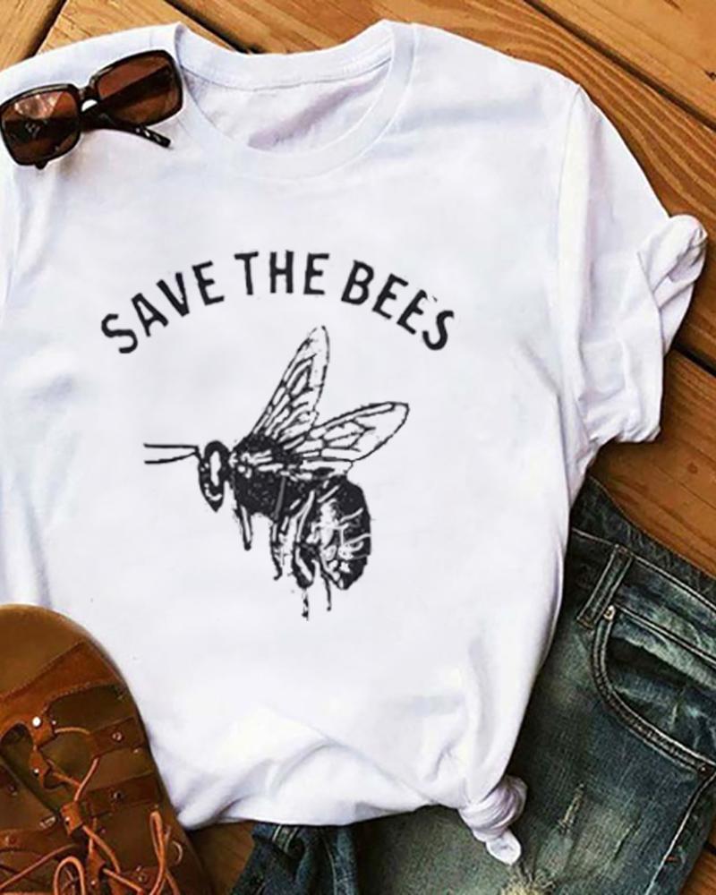 

Bees Letter Print Short Sleeve Casual T-Shirt, White