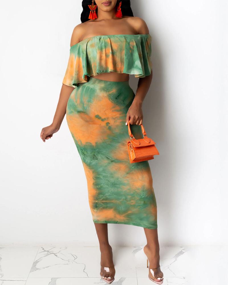 

Tie Dye Print Off Shoulder Ruffles Top & Midi Skirt Set, Green