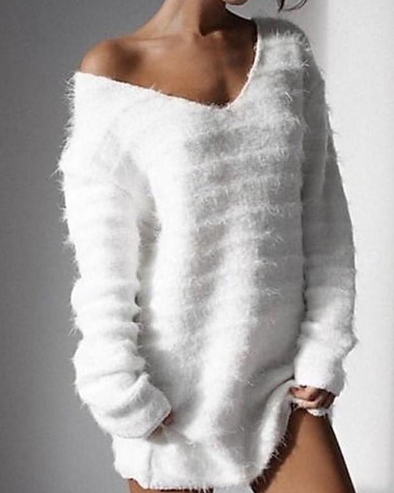 

Solid Long Sleeve V Neck Fluffy Sweater, White