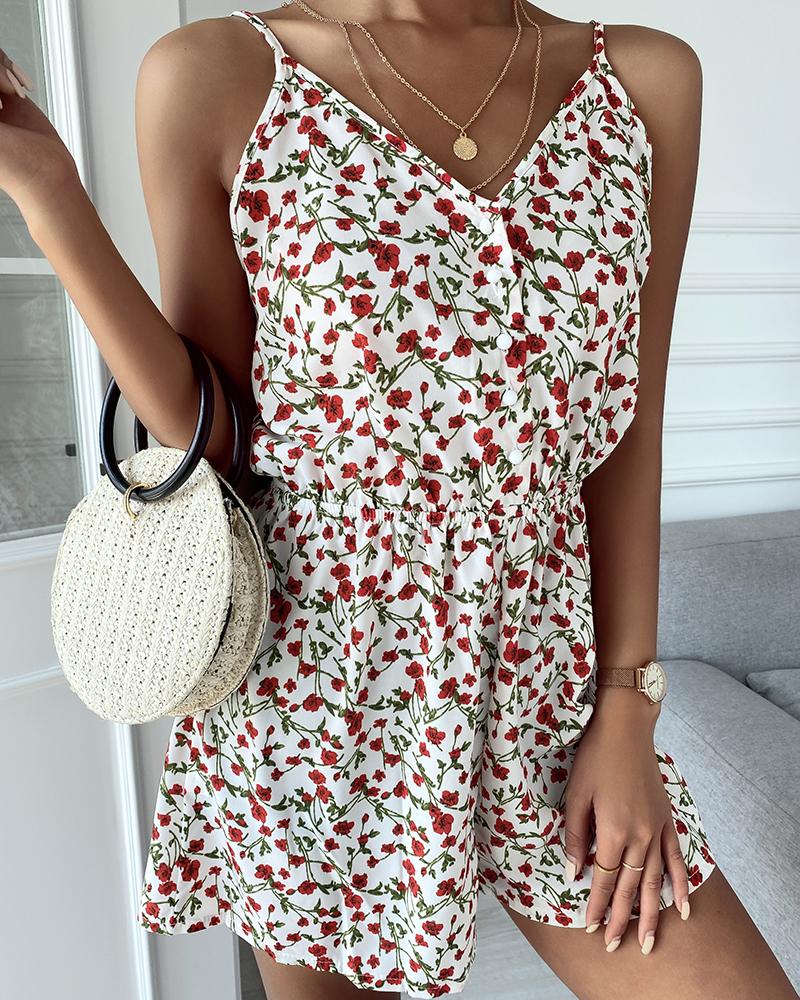 

Ditsy Floral Print Button Design Spaghetti Strap Romper, White