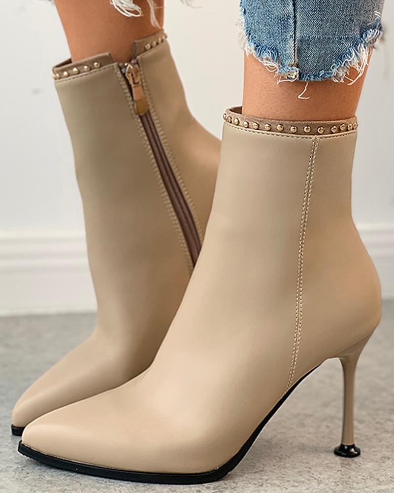 

Zipper Design Beaded Stiletto Heel Boots, Khaki