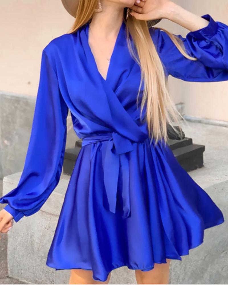 

Lantern Sleeve Satin Casual Dress, Blue