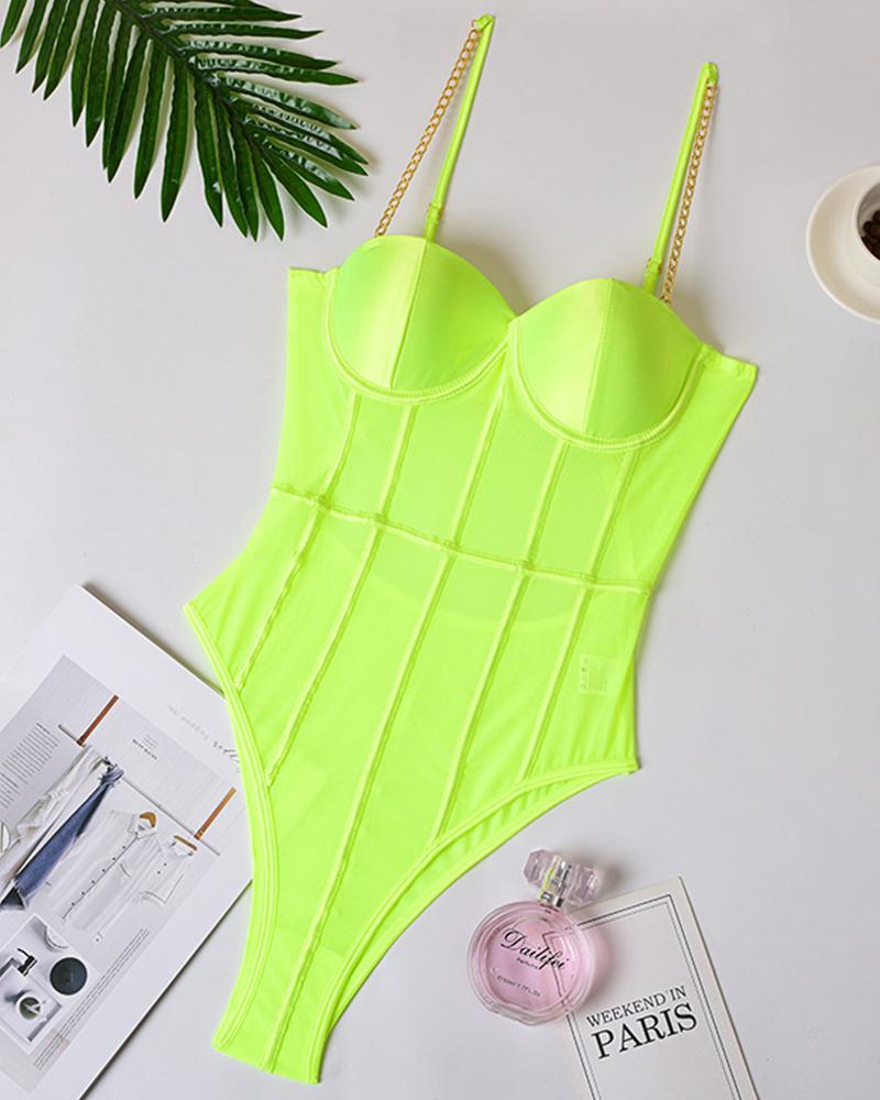 

Solid Chain Backless Bodysuit, Green