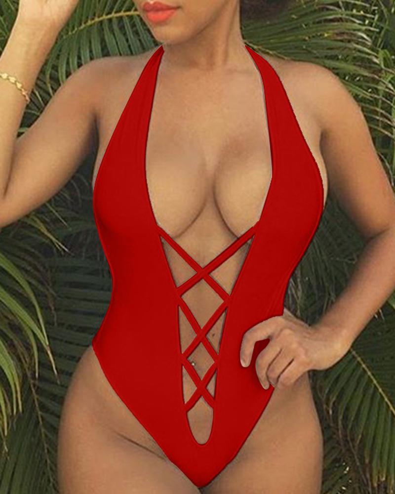 

Solid Color Cut-out Halter Sleeveless One-Piece Bikini Sets, Wine red
