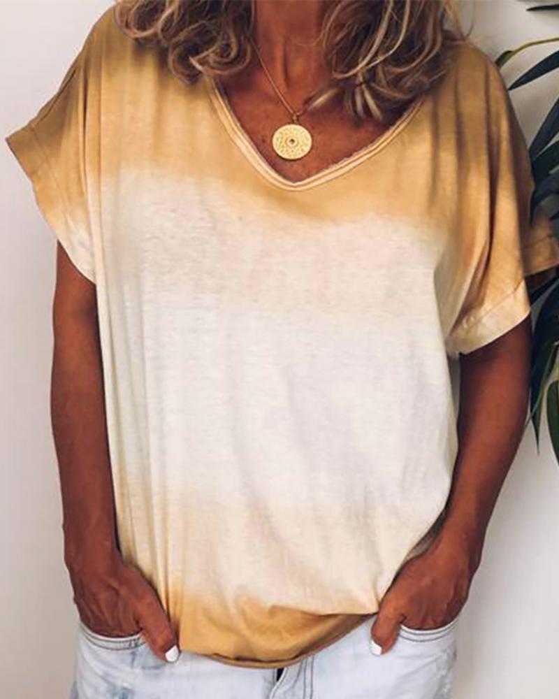 

V-neck Gradient Color Casual T-shirt, Yellow