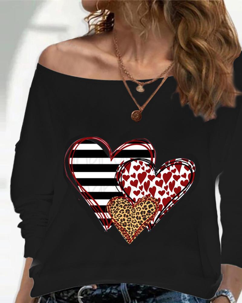 

Heart Print Long Sleeve Loose T-shirts Sweatshirts, Black