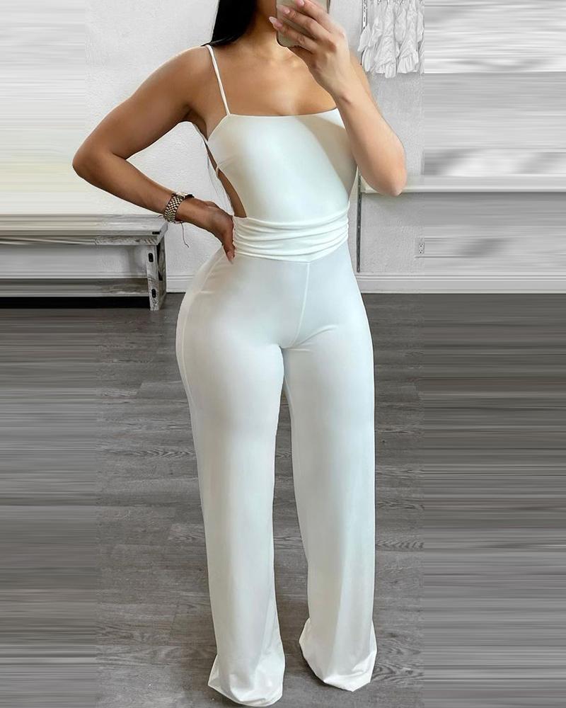 

Spaghetti Strap Backless Wide Leg Jumpsuit, White