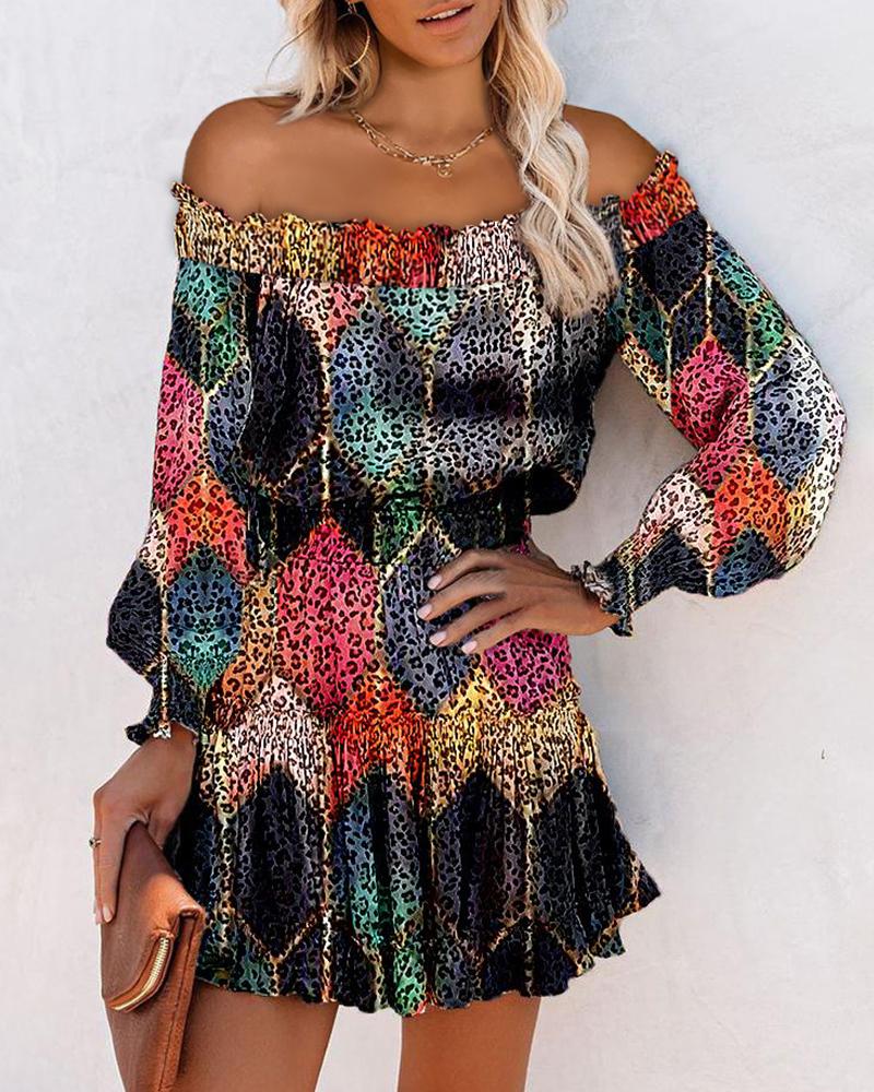 

Cheetah Print Off Shoulder Lantern Sleeve Dress, Multicolor