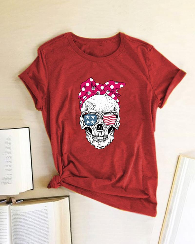 

Skull Star Print Striped Shot Sleeve Casual T-shirt, Wine red