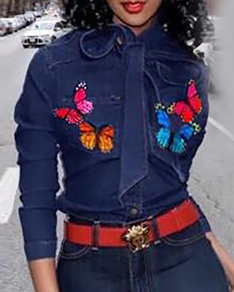 

Denim Butterfly Print Tie Neck Shirt, Blue