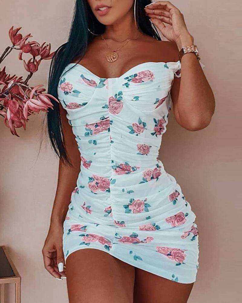 

Floral Print Sweetheart Neck Sleeveless Bodycon Dress, White