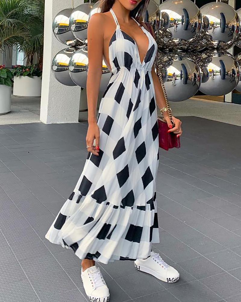 

Plaid Print Plunge Halter Maxi Dress, White