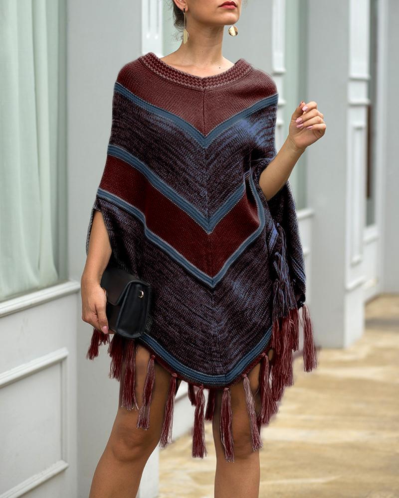 

Colorblock Tassel Design Cape Sweater, Red