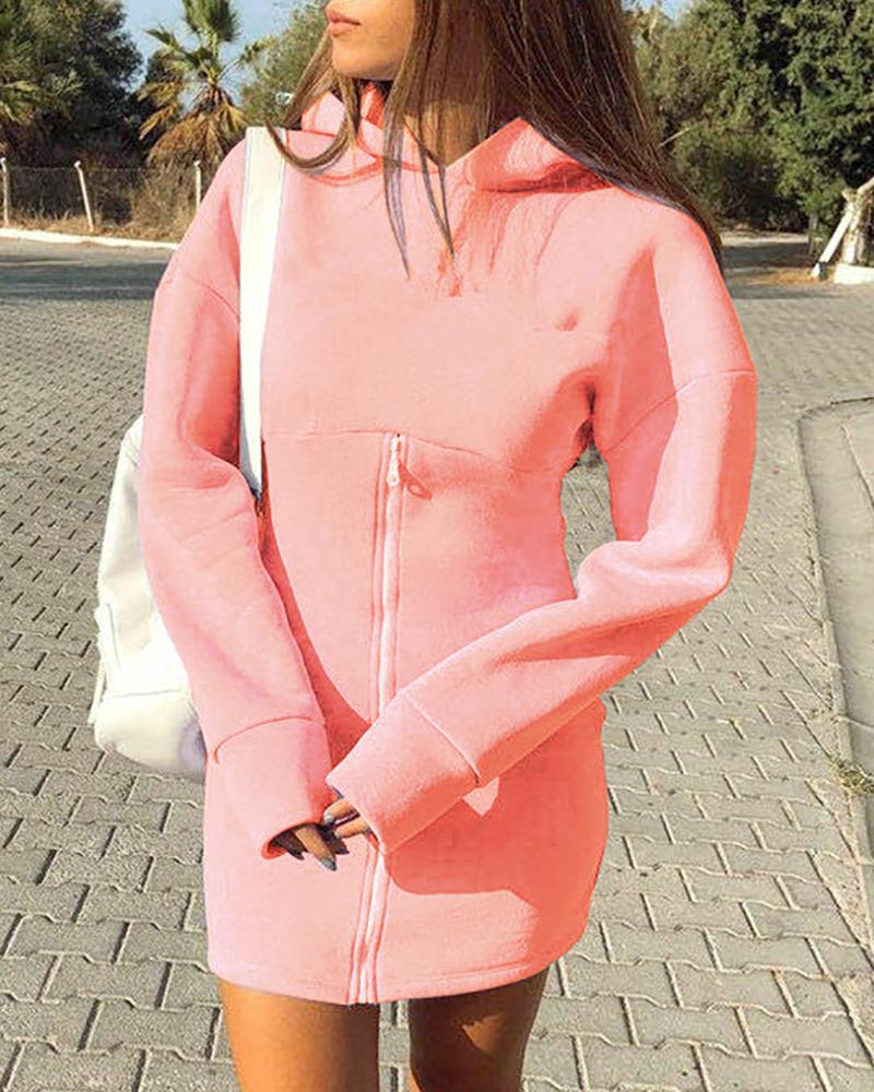 

Plain Long Sleeve Zipper Design Hooded Sweatshirt Dress, Pink