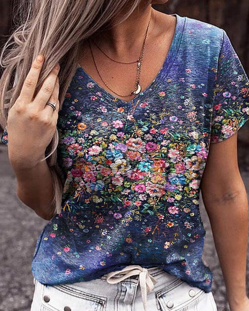 

Multicolor Flower Print Short Sleeve Loose T-shirts, Purple