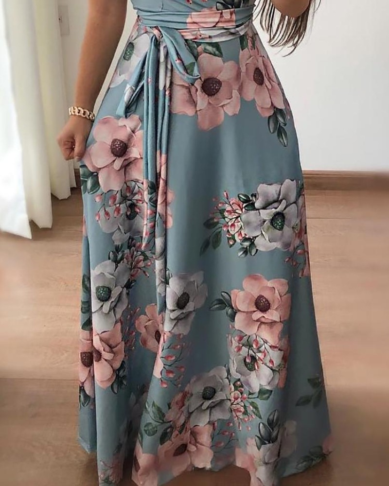 floral print short sleeve tie waist maxi dress