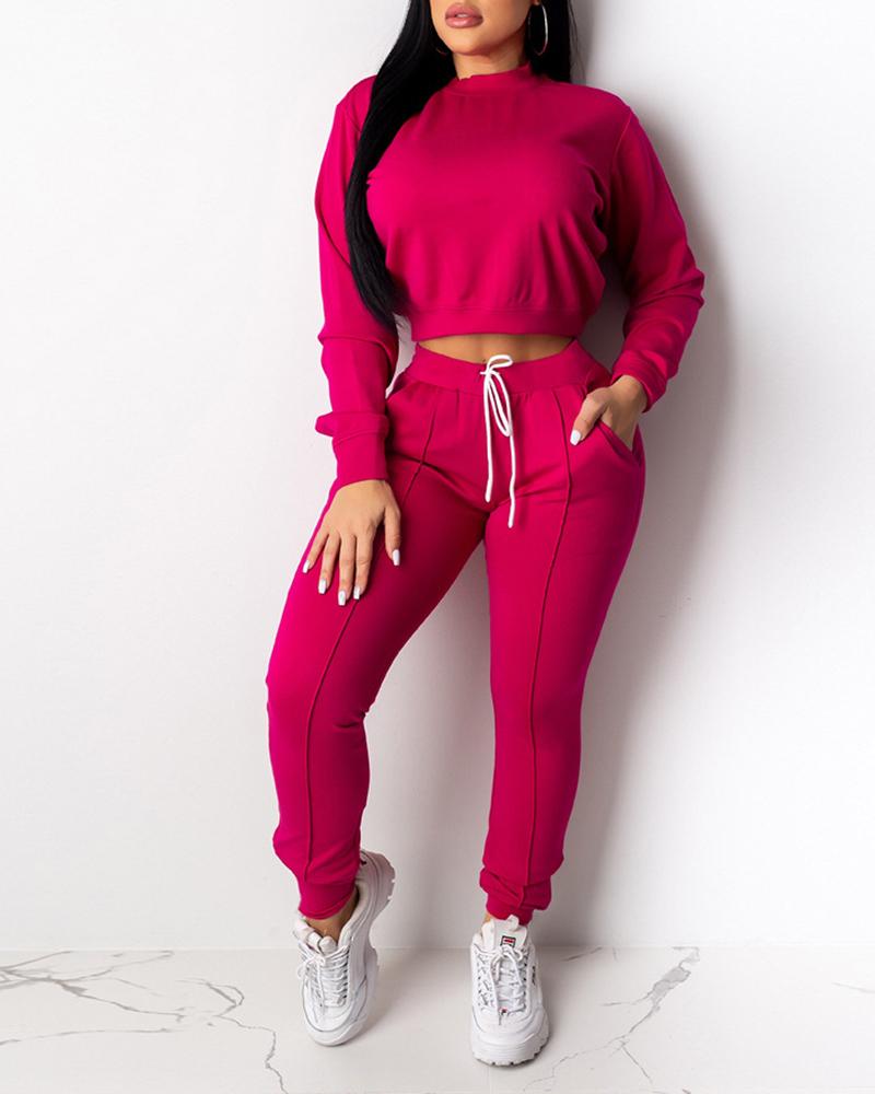 

Solid Long Sleeve Top & Drawstring Design Sporty Pants Sets, Hot pink