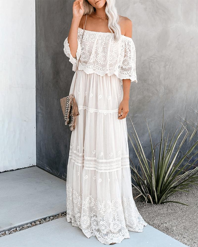 Off Shoulder Crochet Lace Sheer Mesh Maxi Dress