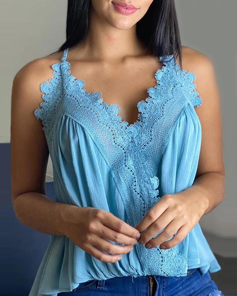 

Eyelash Lace Patch Sleeveless V-Neck Top, Blue