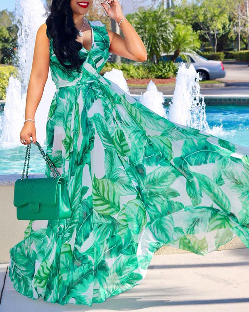 

Floral Print Mesh Sleeveless Maxi Dress, Green
