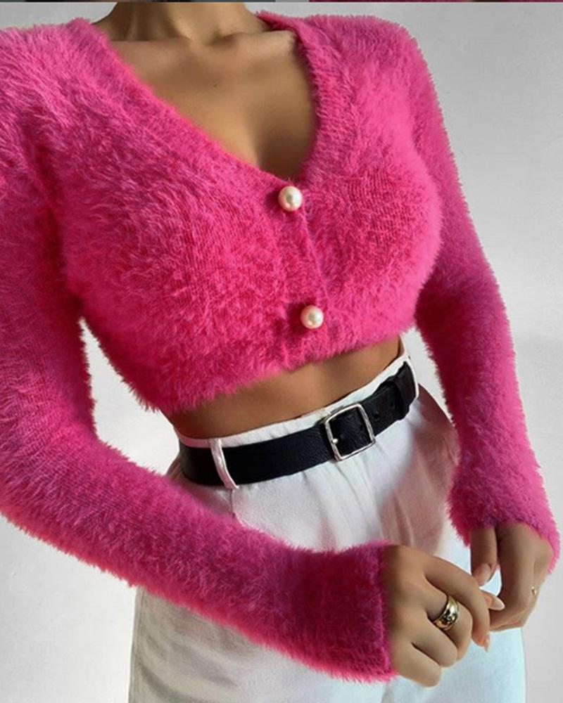 

Button Design Teddy Crop Top, Pink