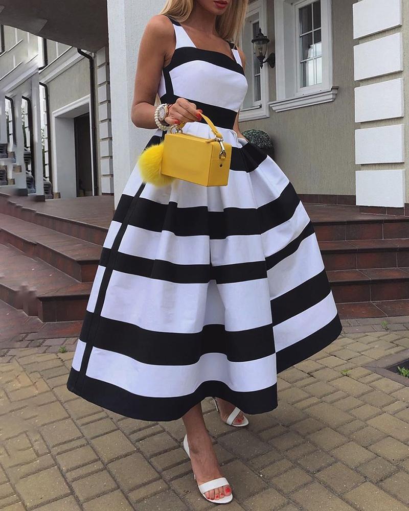 

Striped Colorblock Thick Strap Maxi Dress, Black