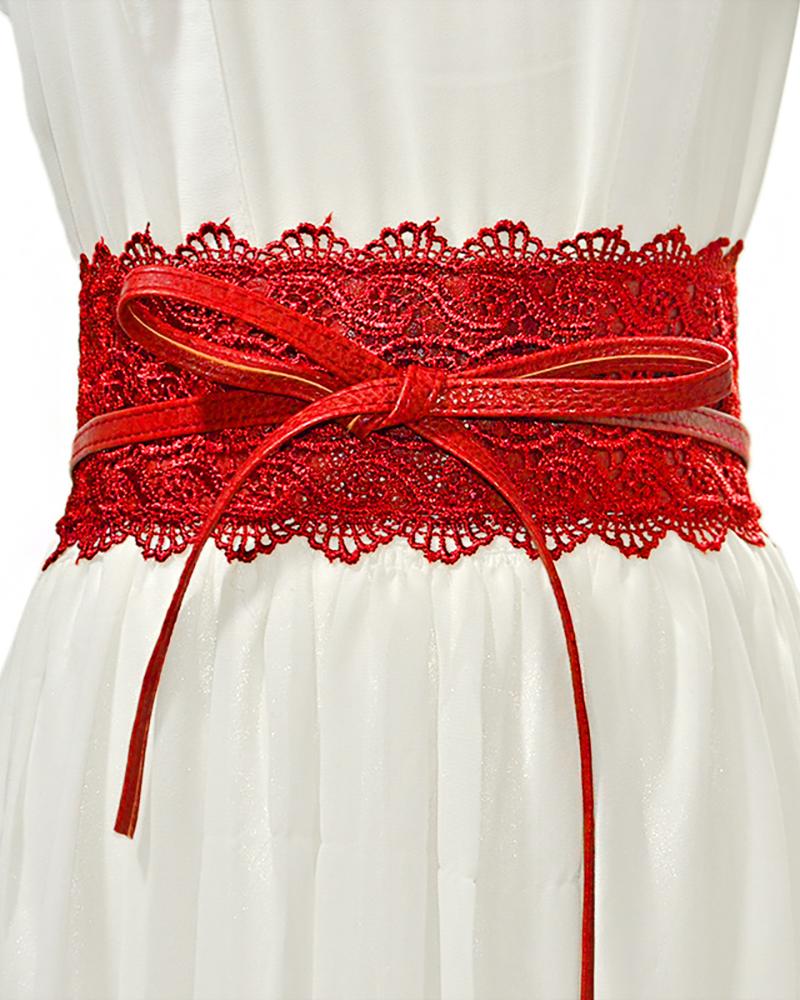

Guipure Lace Knot Wide Belt, Red