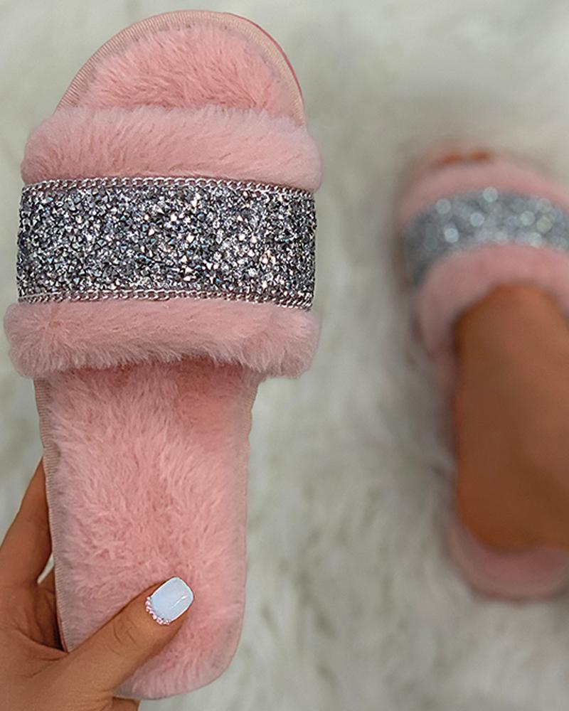 

Studded Chain Decor Fluffy Slippers, Pink