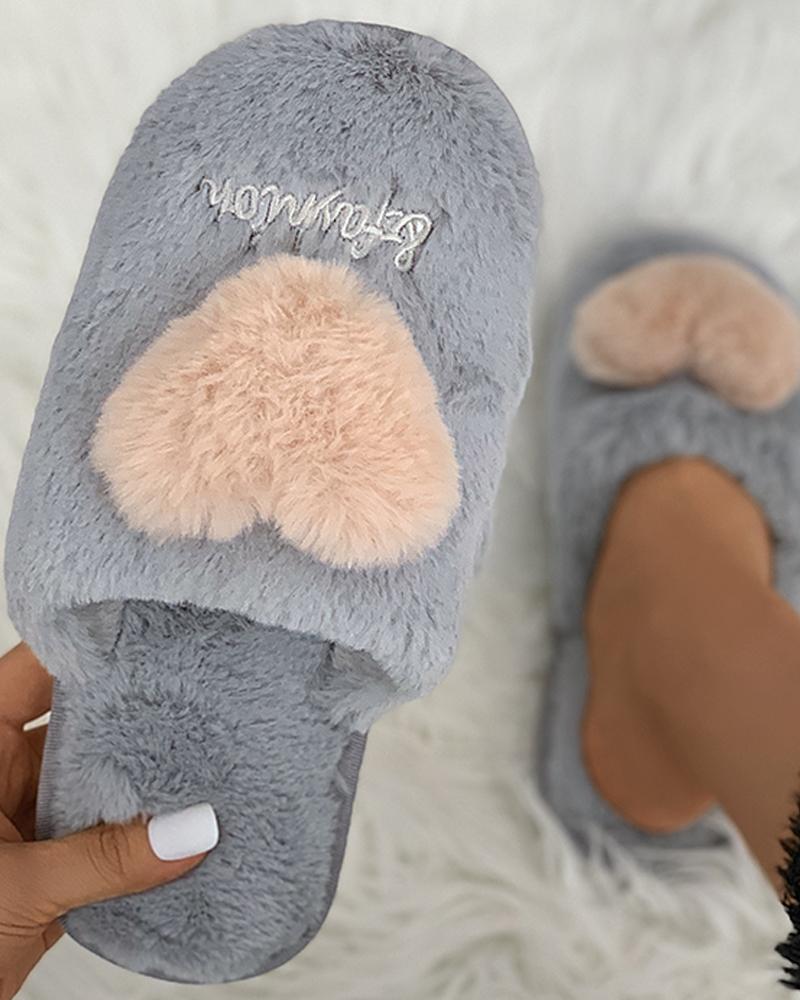 

Heart Pattern Letter Embroidery Fluffy Slippers, Gray