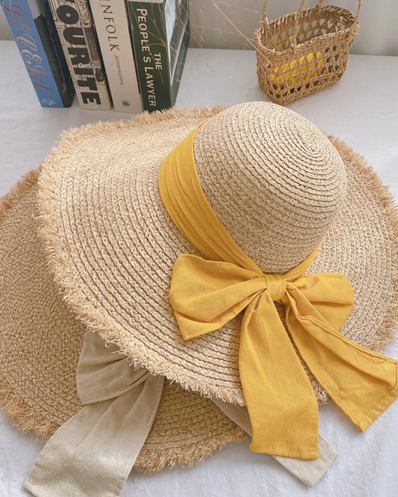 

Bowknot Decor Tassel Wide Brim Straw Hat, Yellow