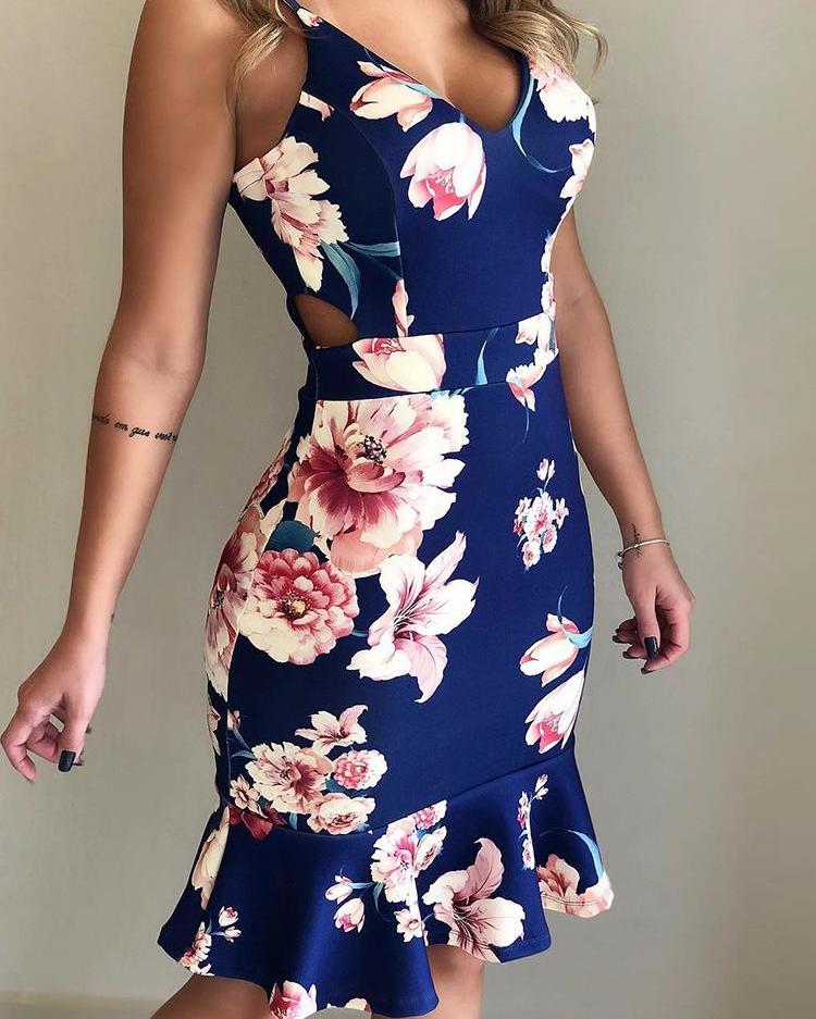 

Floral Print Ruffles Cutout Waist Dress, Blue
